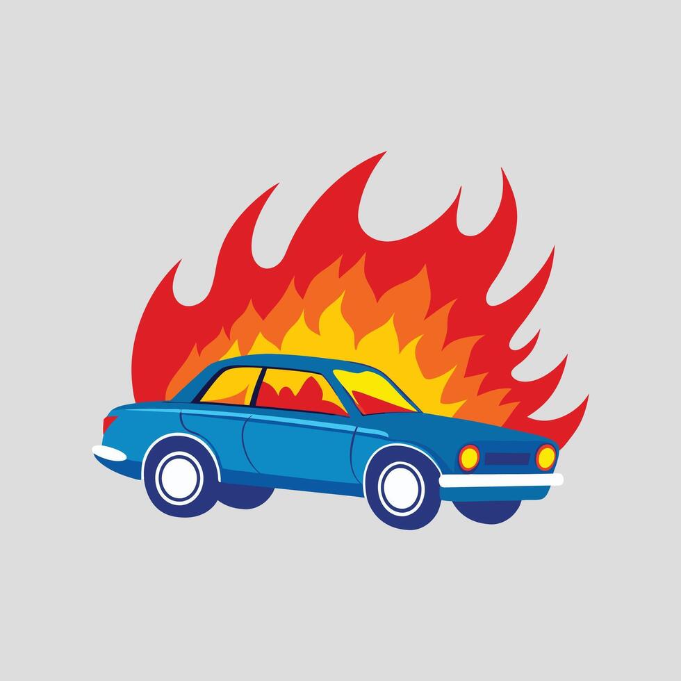 a cartoon car with flames coming out of it. vector