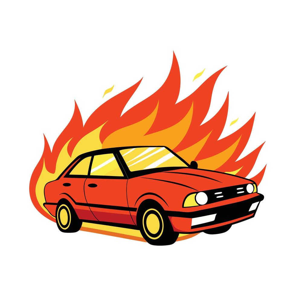 a car on fire with flames coming out of the hood vector