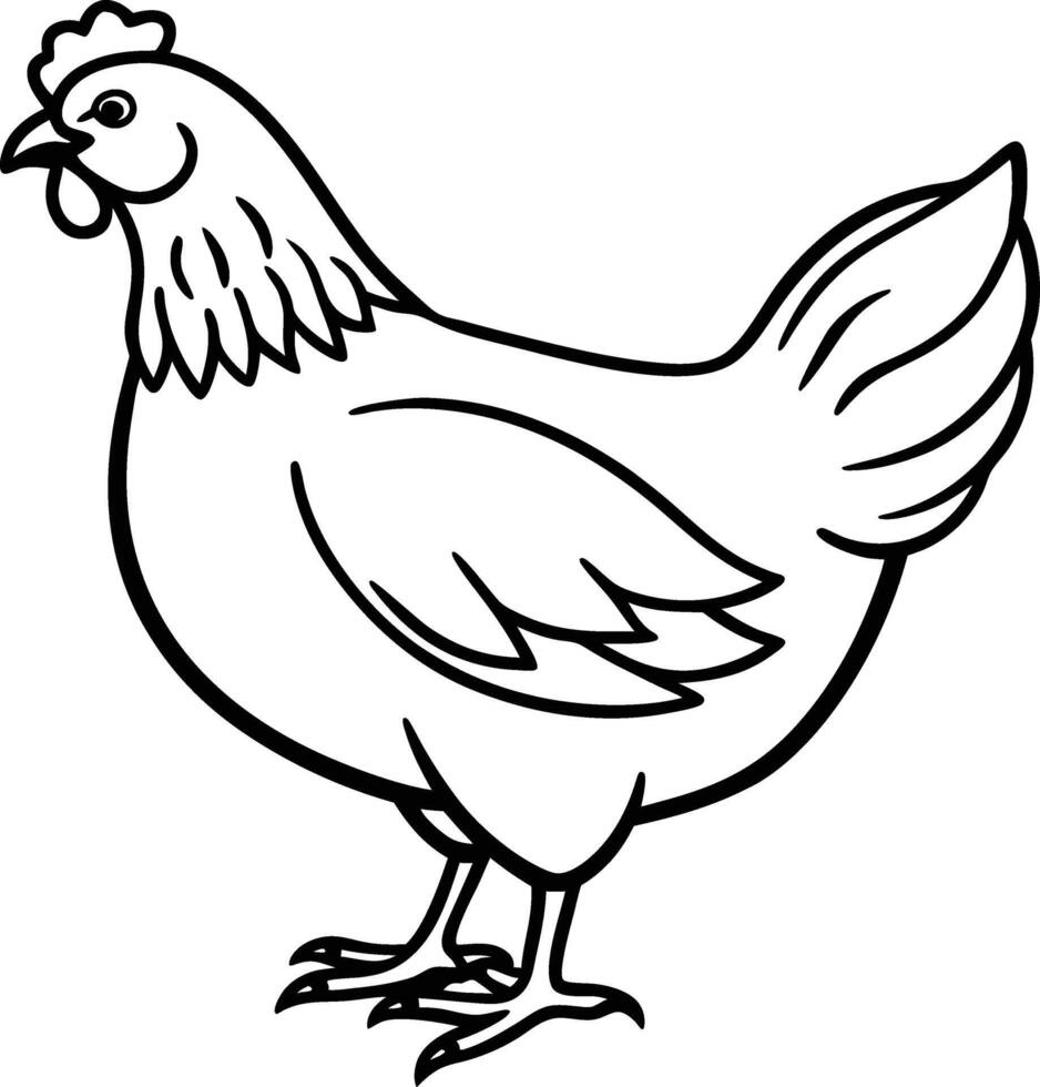 Black and White Cute Hen Outline Art. vector