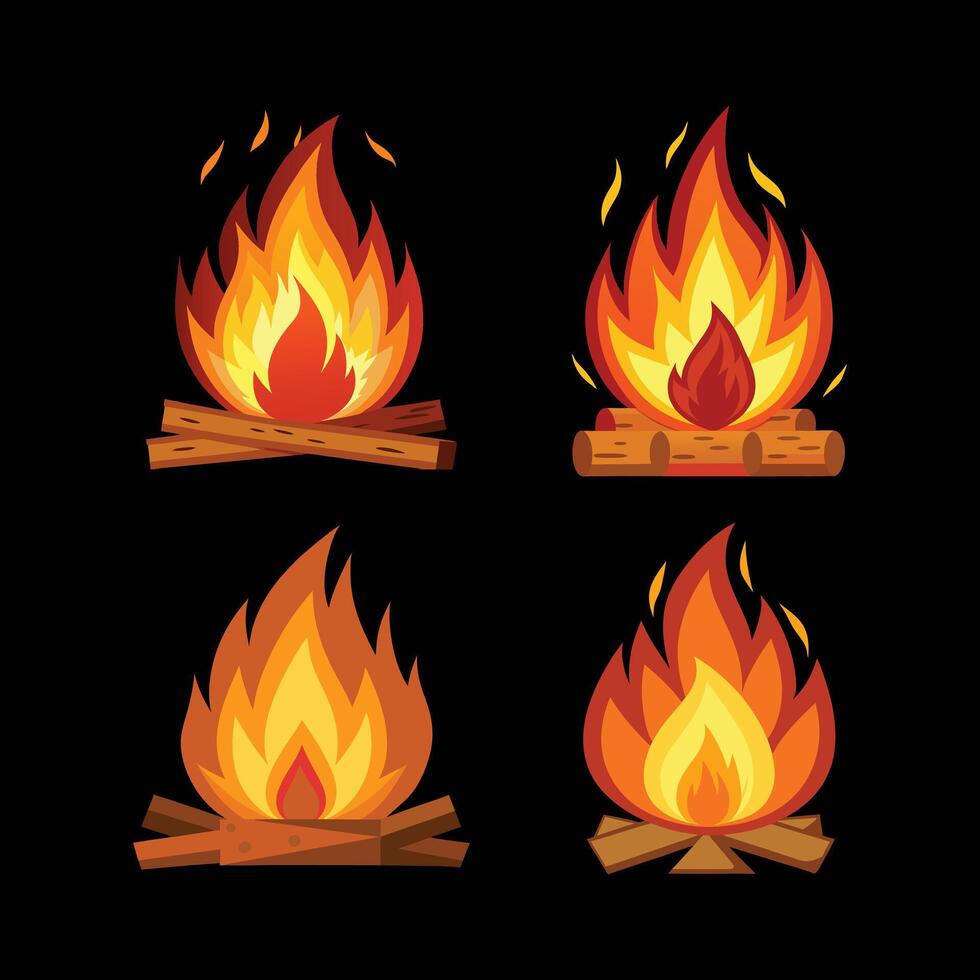 Cartoon Campfire and Flame Collection Fire Icon Set With Black Background. vector