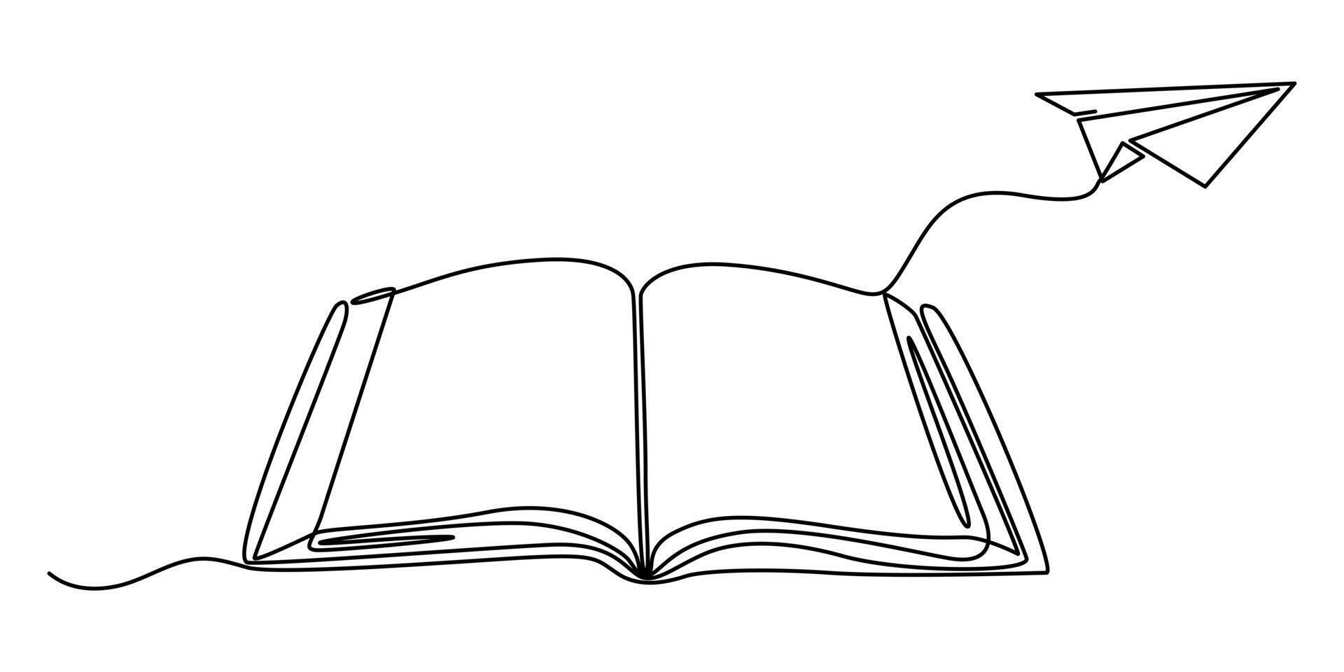 open book and flying paper plane continuous one line drawing for single line drawing of content for school studding illustration on white background hand drawn sketch. vector