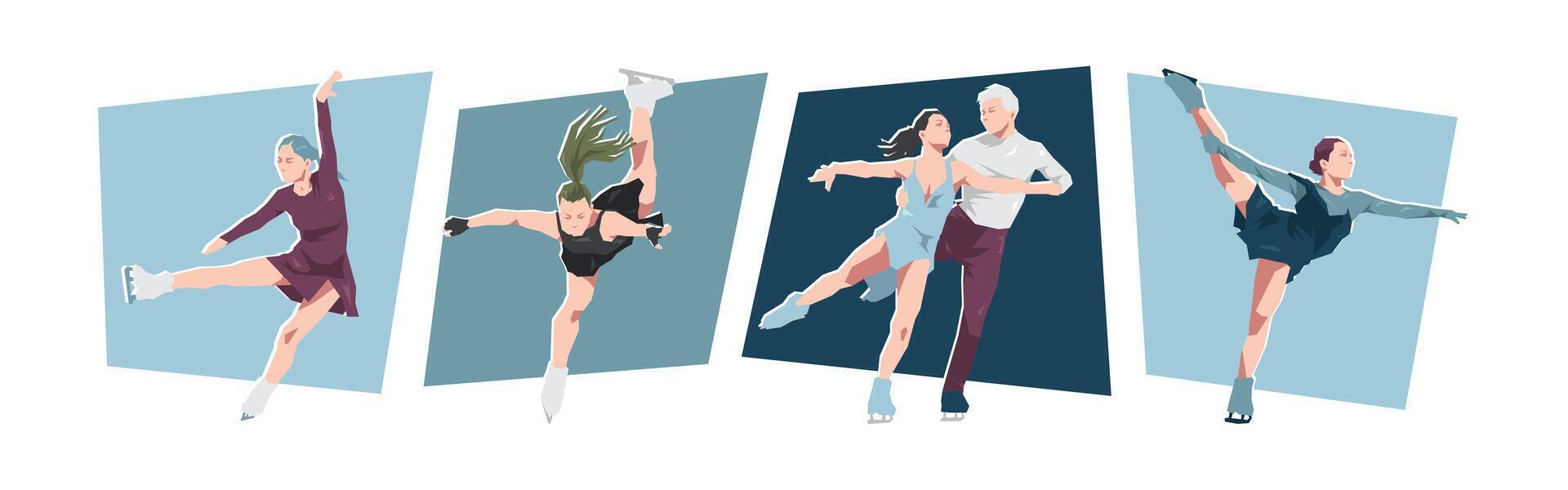 Figure skating female athlete characters. Concept of dance, competition. Cartoon flat illustration. vector