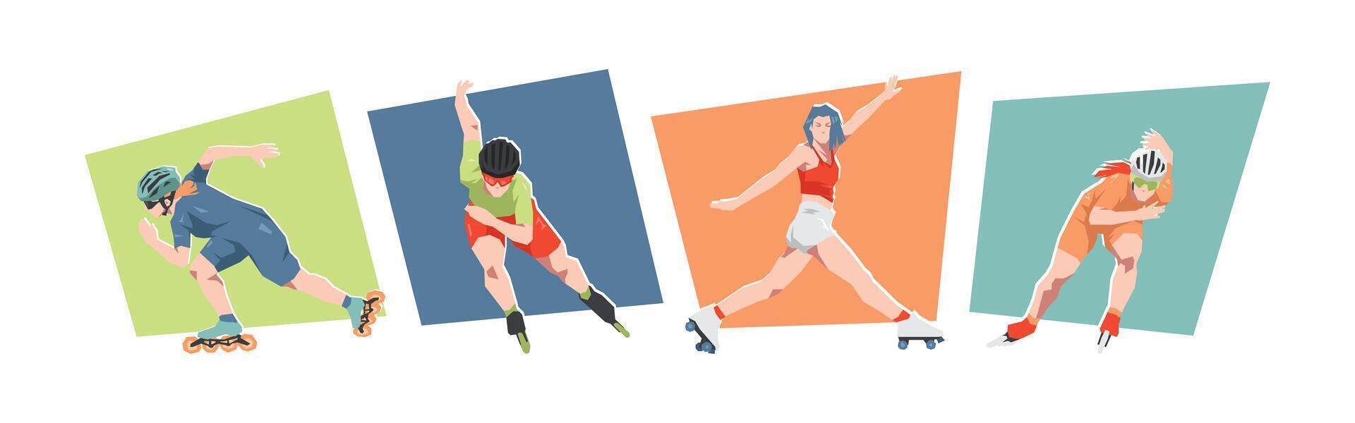 Roller skating female athlete characters. Concept of race, sport, freestyle. Cartoon flat illustration. vector