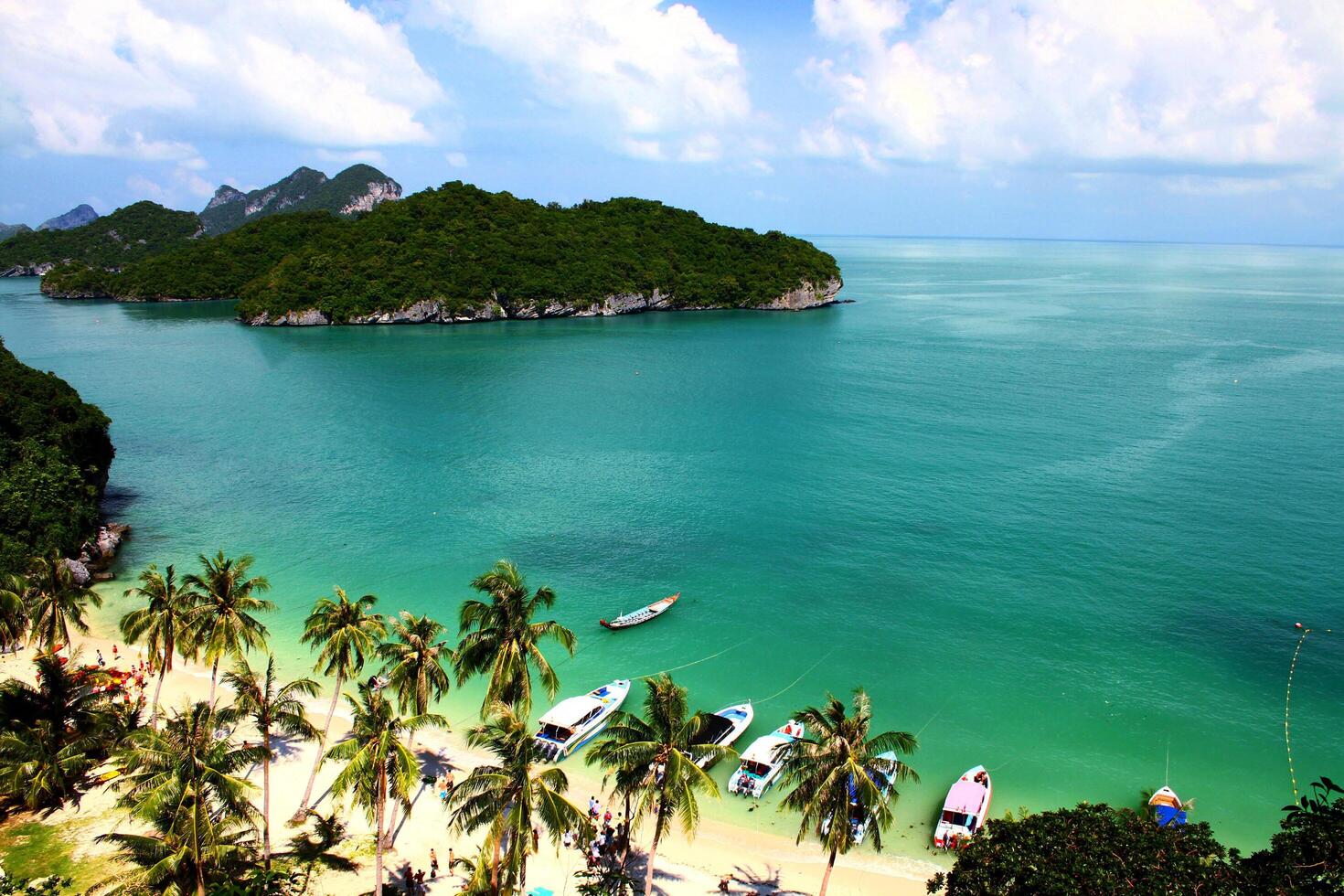 Top view landscape of sea or ocean. Many speed boat and long tail boat parking on the beach, coconut tree with mountain, blue sky and clouds at Mu Ko Ang Thong National Park, Surat Thani, Thailand. photo