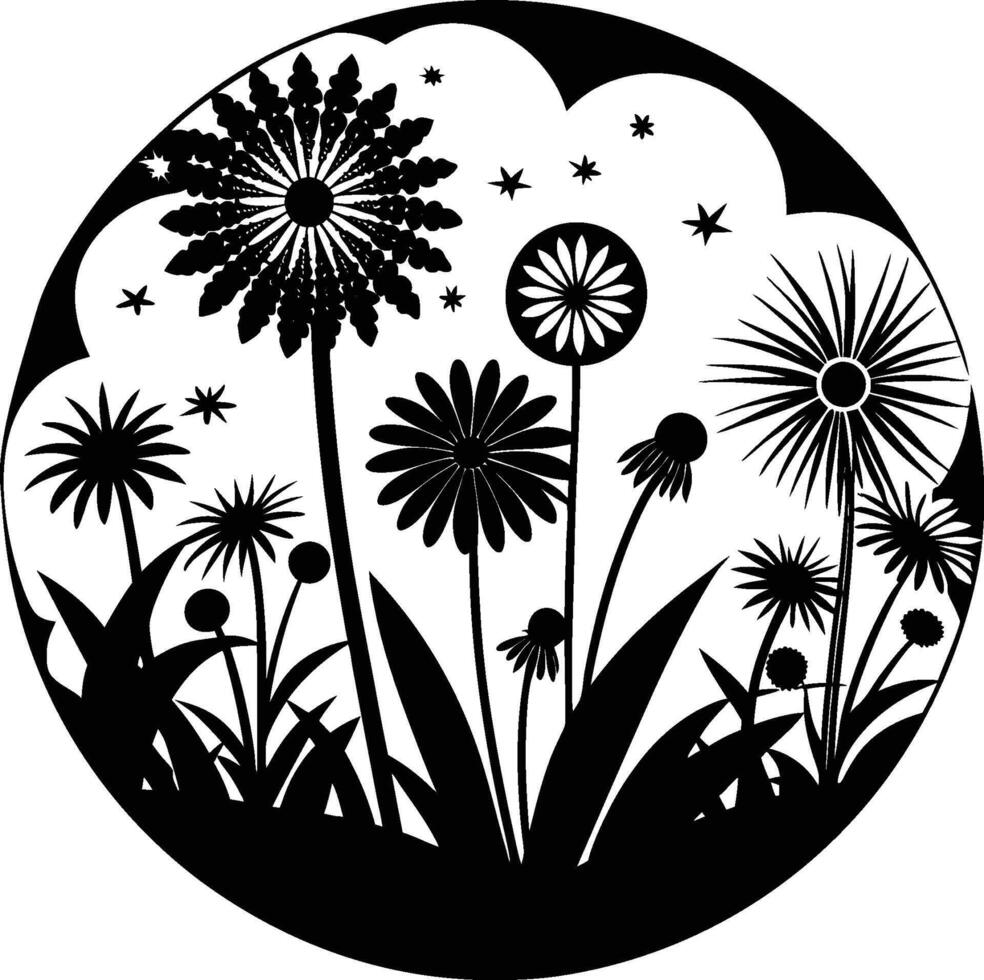 A black and white illustration of a field of flowers vector