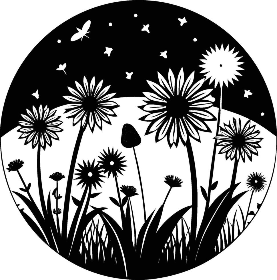 A black and white drawing of a field with flowers vector
