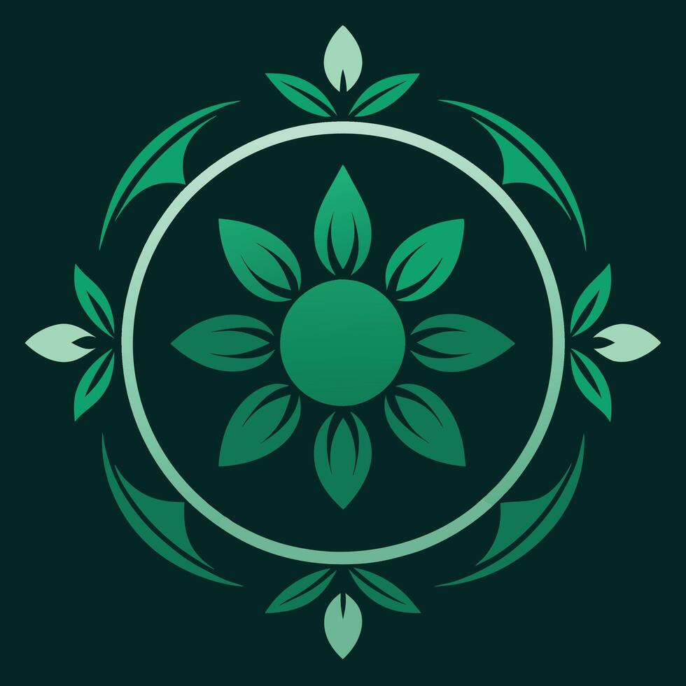 A green flower and leaves in a circle on a dark background vector