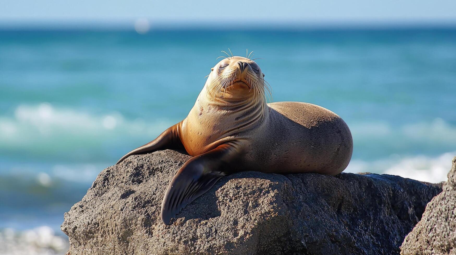 A sea lion sitting on a rock near the ocean photo