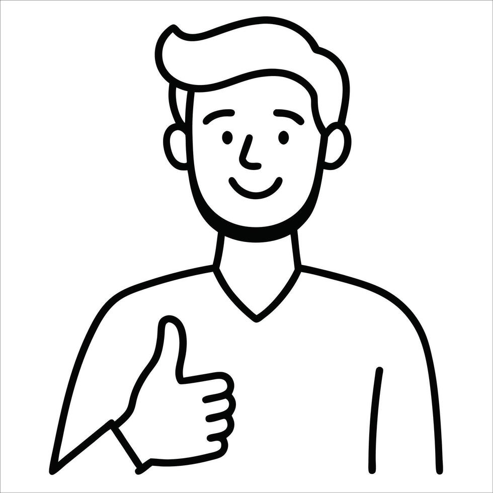 happy smiling man giving a thumbs up gesture in a joyful expressive pose symbolizing happiness satisfaction confidence encouragement and cheerful attitude in simple line drawing vector