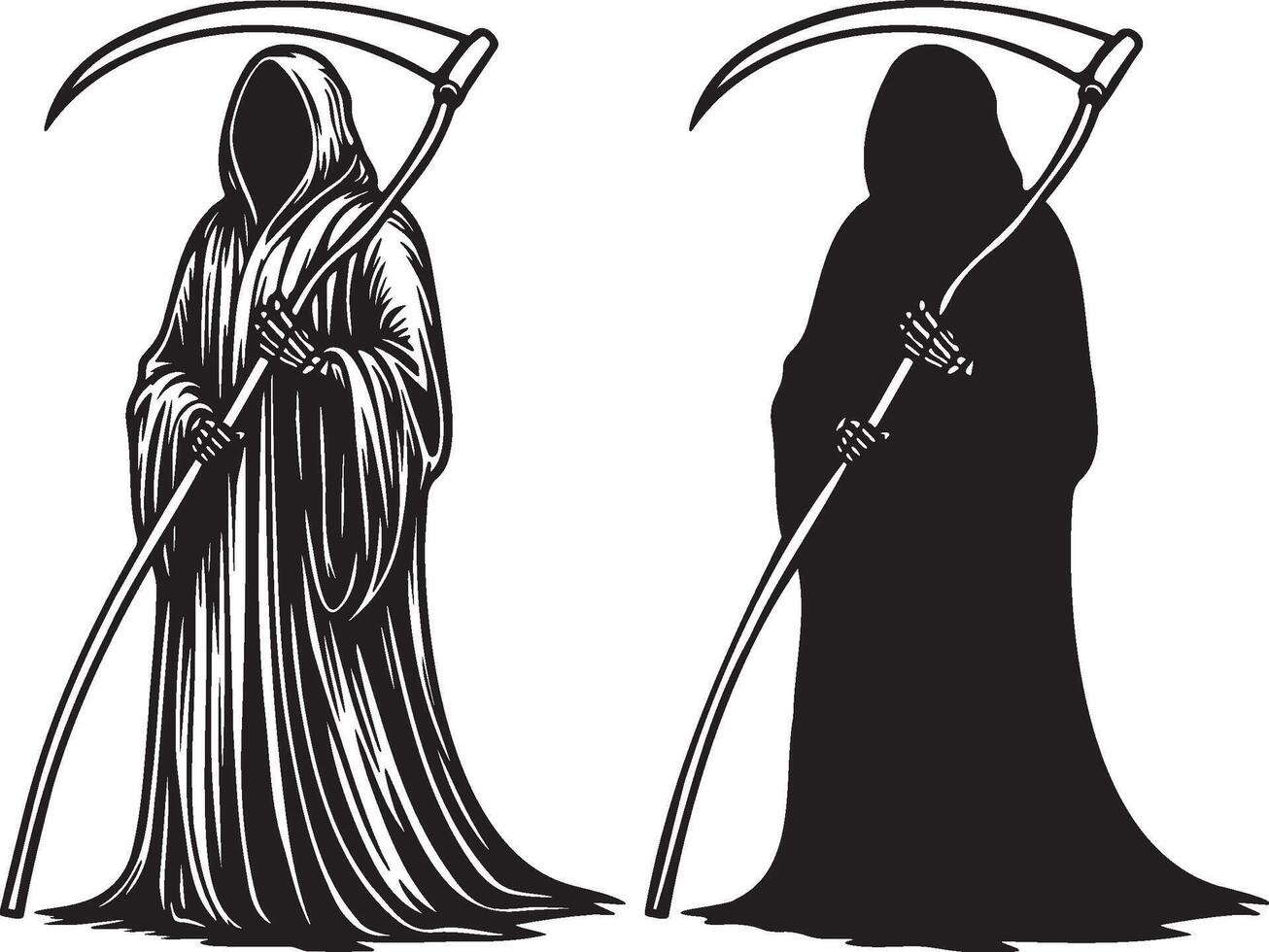 Scytheman Sketch Drawing and Silhouette. vector