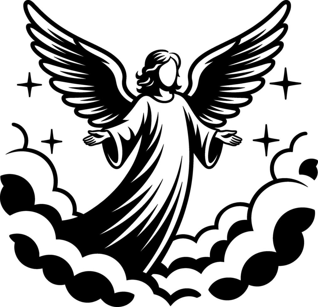 Standing Angel Silhouette with Outspread Wings and Clouds Illustration vector