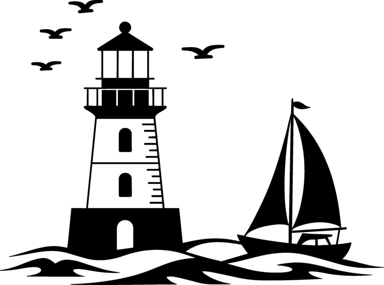 Minimalist Lighthouse and Sailboat Silhouette Illustration vector