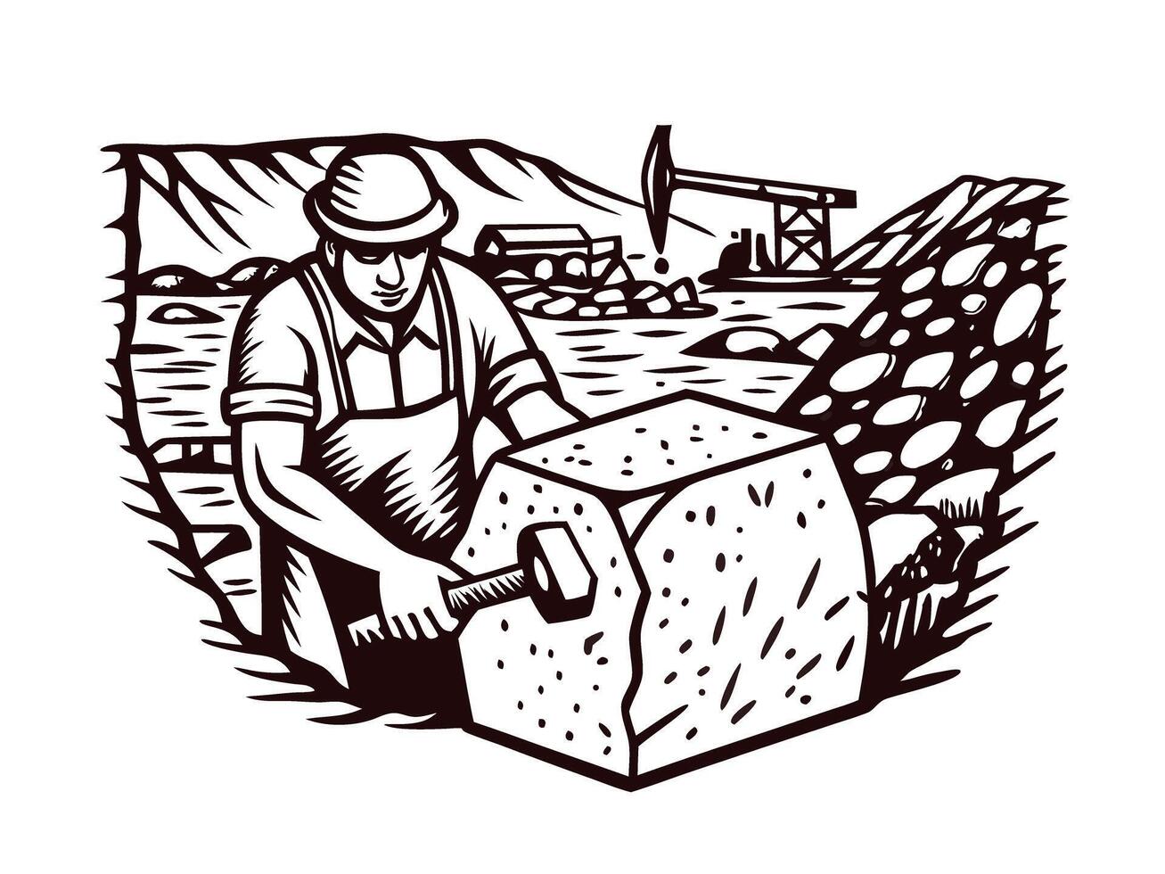 Caucasian man working in a quarry, mining stone with pickaxe in industrial landscape vector