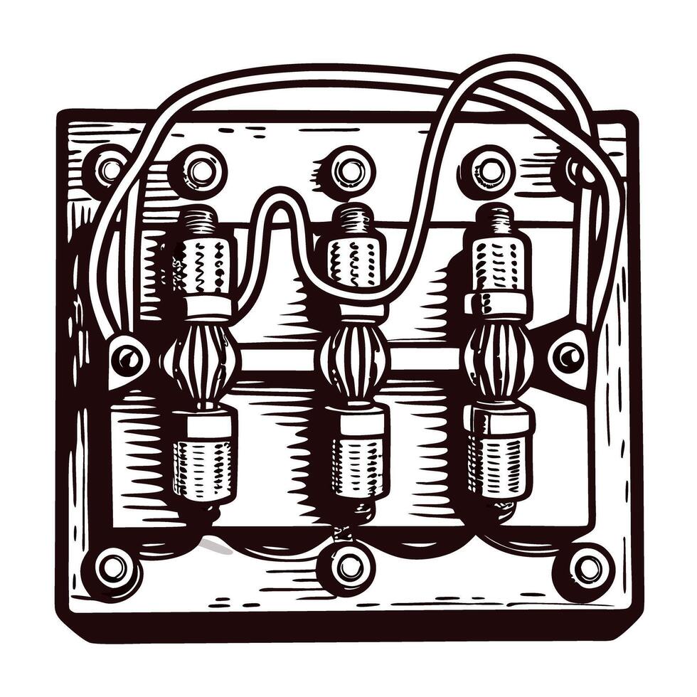 Vintage electrical circuit drawing with wired components on wooden base vector
