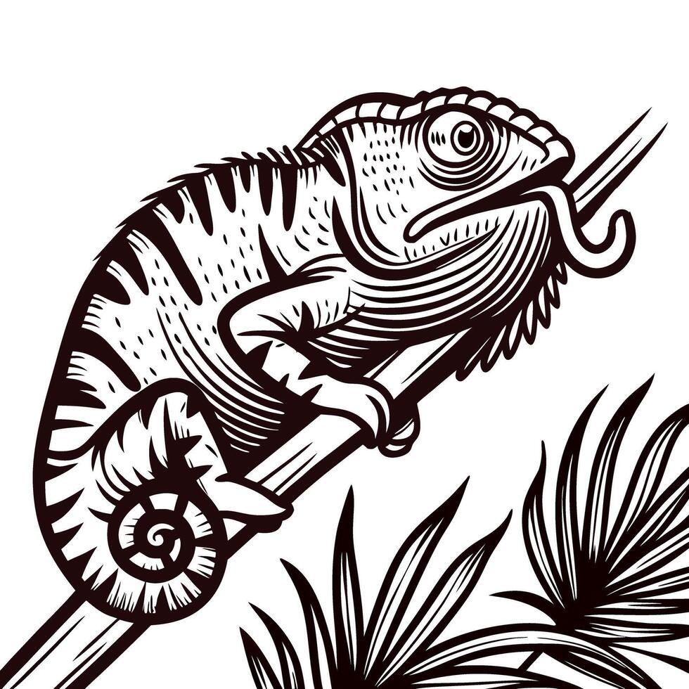 Chameleon perched on a branch in black and white tropical setting vector