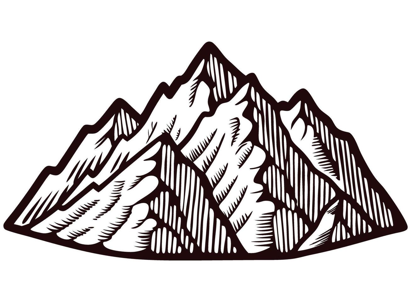 Illustrated mountain range with snow capped peaks in black and white vector