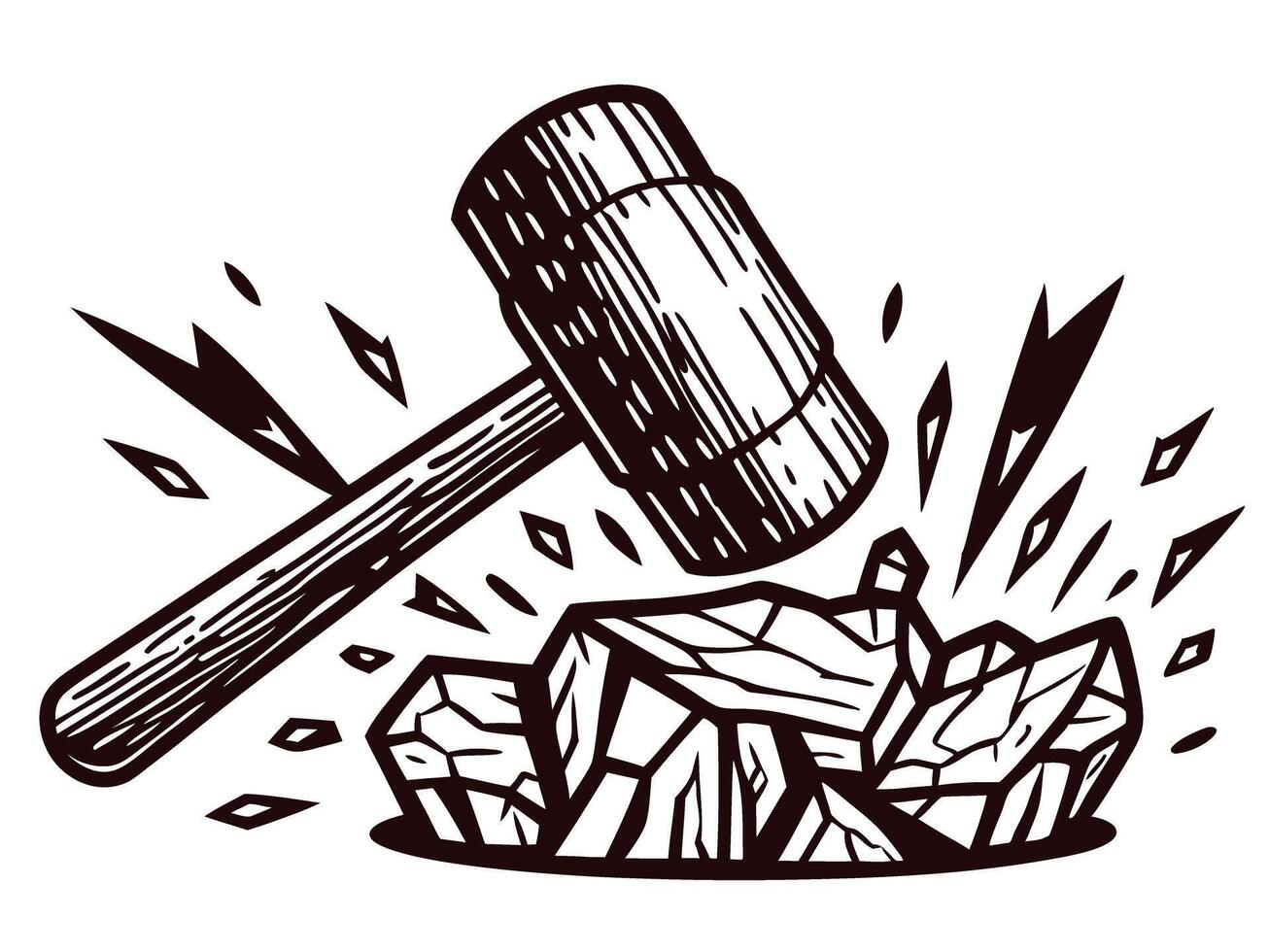 Wooden mallet breaking rocks with dynamic fragments exploding outward in vintage line art vector