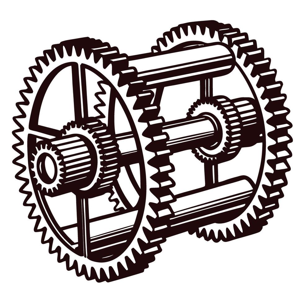 Mechanical gear system with interlocking cogs and axles vector