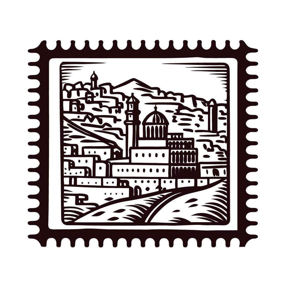 Vintage postage stamp depicting historic cityscape with mountains and architectural landmarks vector