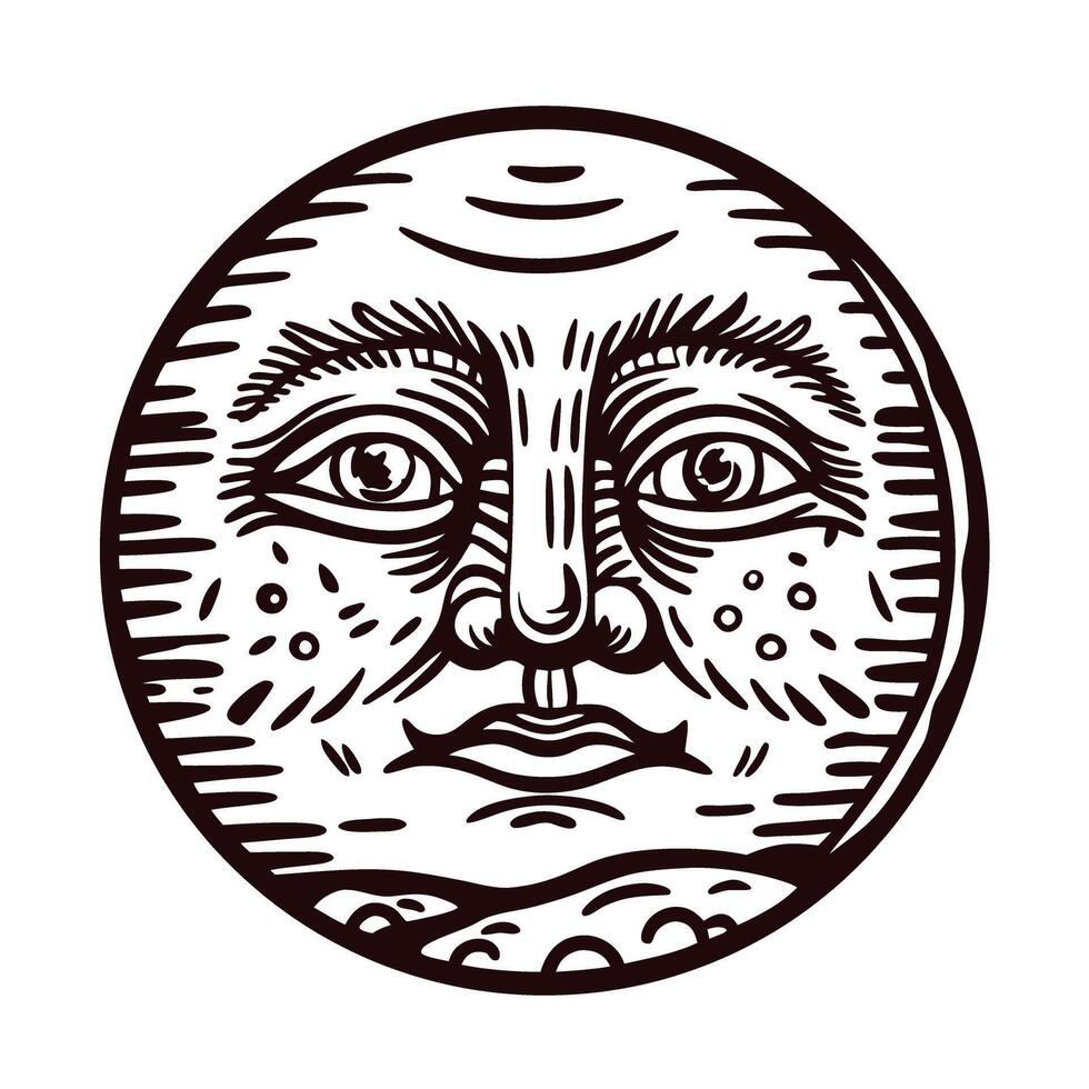 Vintage engraved moon face with intricate line art details vector