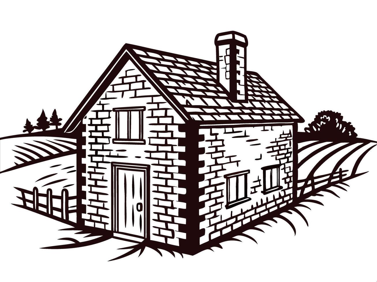 Charming rural brick house in scenic countryside setting with lush fields and trees vector
