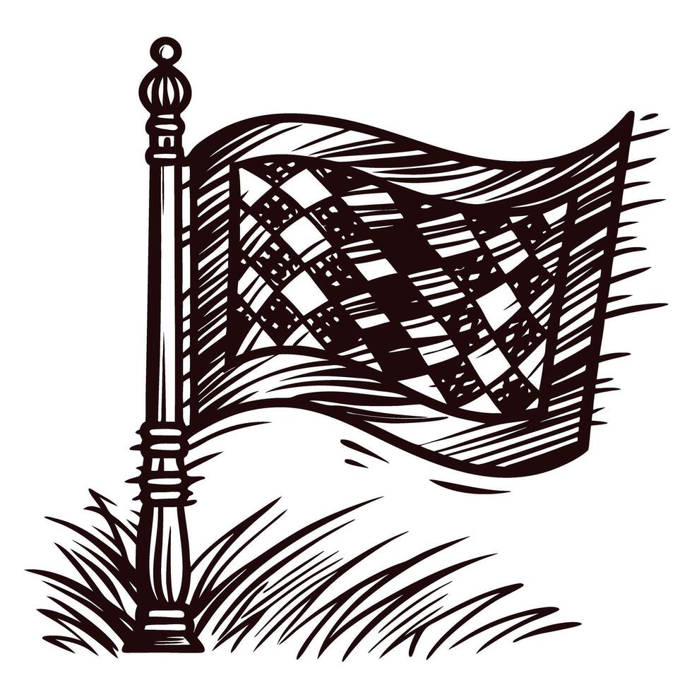 Checkered racing flag on pole with windblown grass in vintage vector