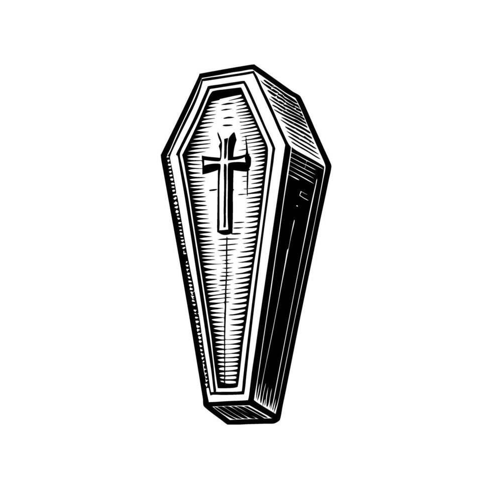 Vintage wooden coffin with cross design, intricate hand drawn sketch vector