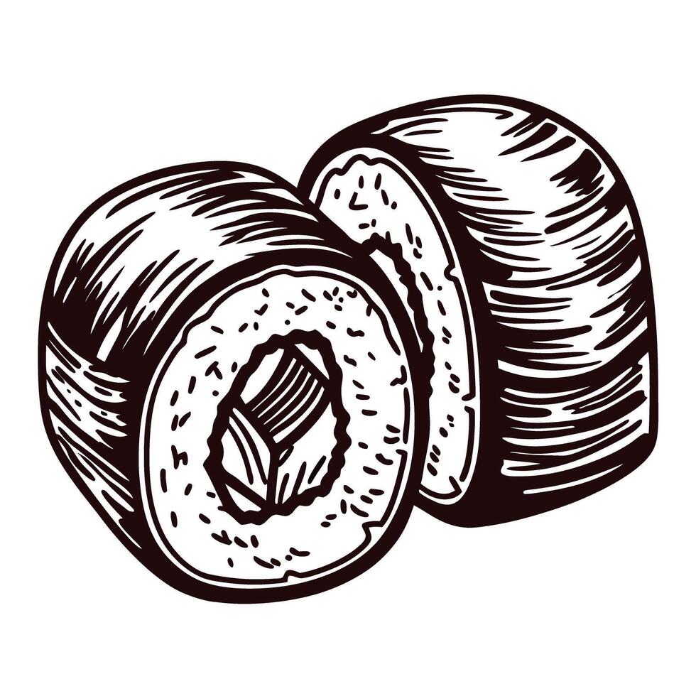 Detailed black and white sketch of sushi roll with fish center and textured rice layers vector