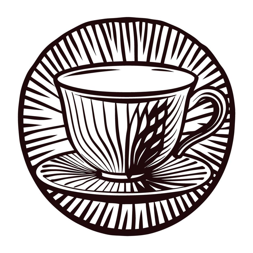 Intricate black and white line art of a coffee cup on a saucer vector