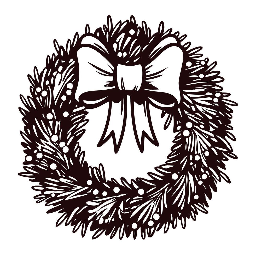 Festive christmas wreath with large bow and pine details in black and white vector
