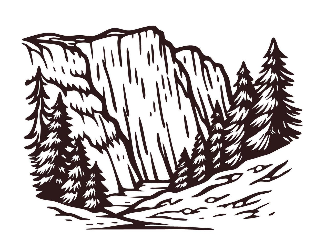 Scenic mountain landscape with pine trees and rocky terrain in black and white graphic vector