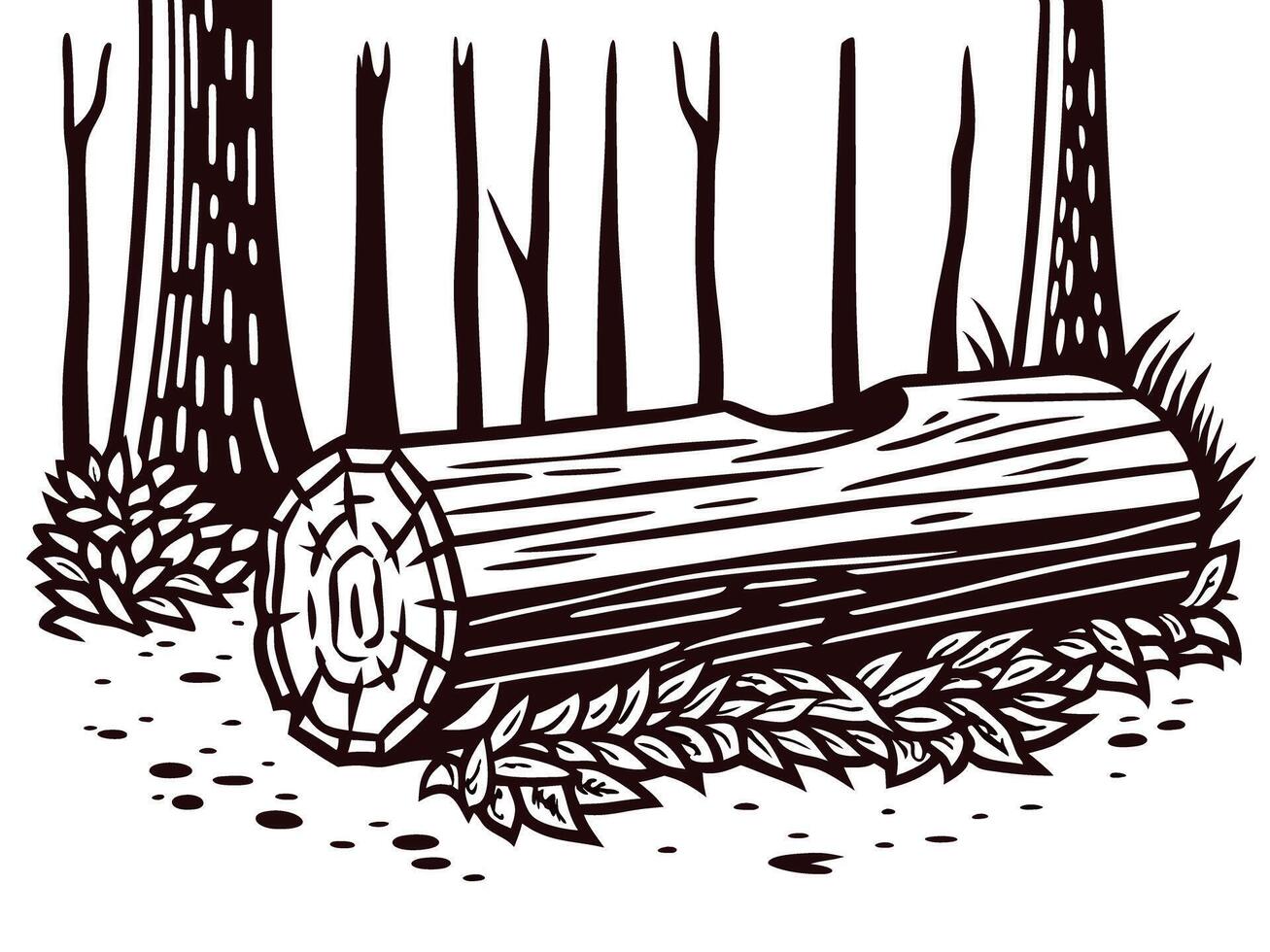 Forest scene with fallen tree trunk amidst leafy undergrowth and tall trees in monochrome art vector