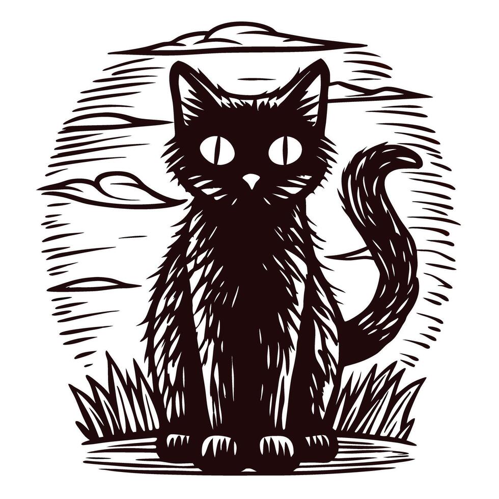 Artistic of a black cat with intricate line design in nature setting vector