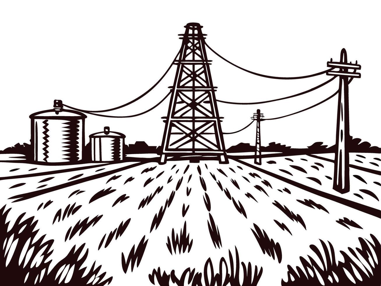 Rural landscape with oil rig and storage silos in a field of wheat vector