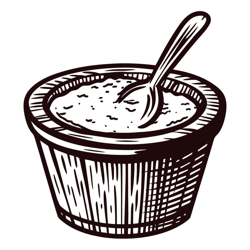 Woodcut of a bowl of porridge with a spoon vector