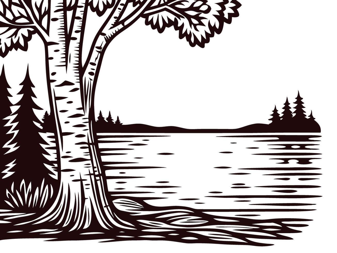 Serene lakeside scene with birch trees and pine forest in black and white art vector