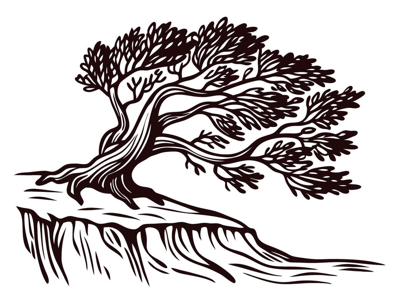 Artistic depiction of a windswept tree on a cliff edge vector