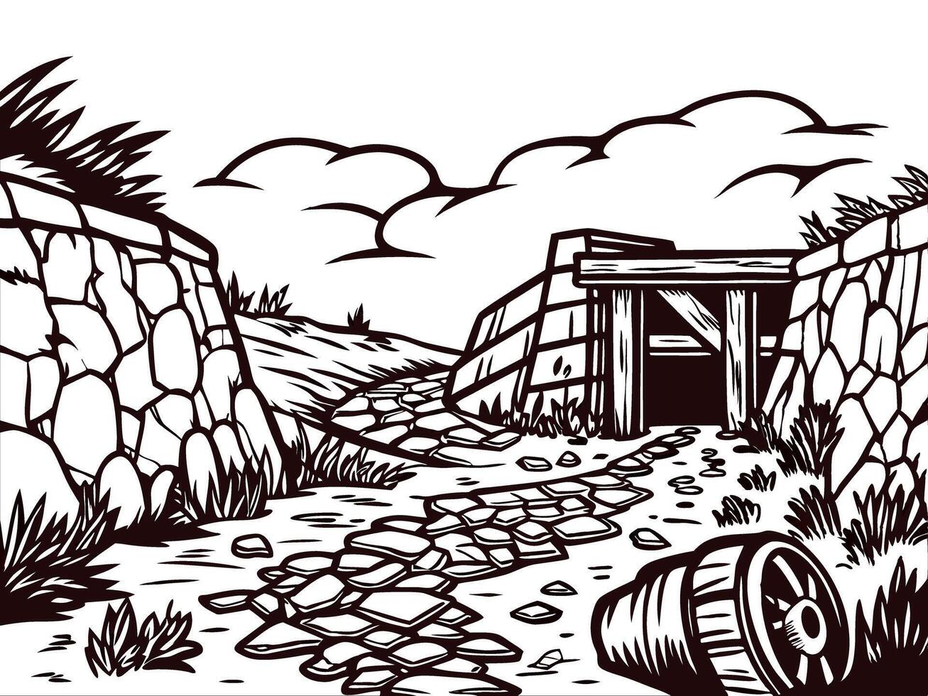 of abandoned mine entrance on rocky terrain under cloudy sky vector