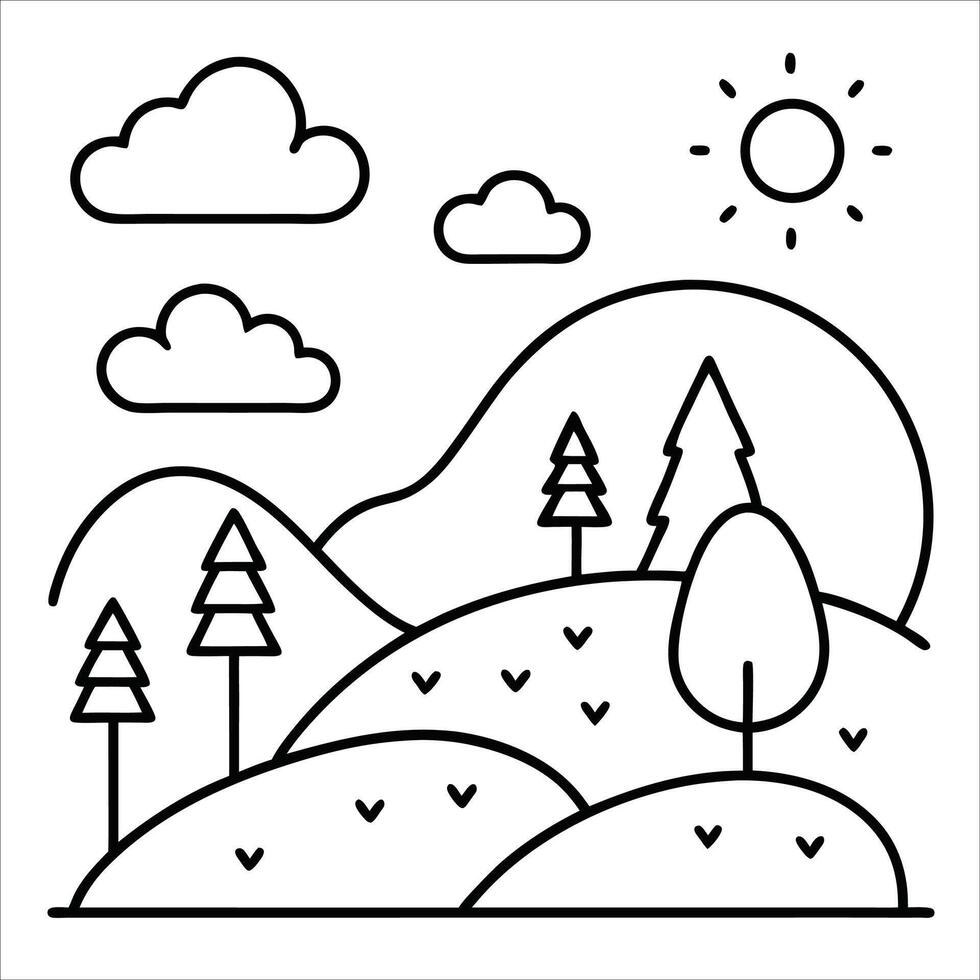 Nature landscape scene captured in continuous line drawing style minimalist natural beauty trees hills and outdoor environment perfect for scenery illustrations vector