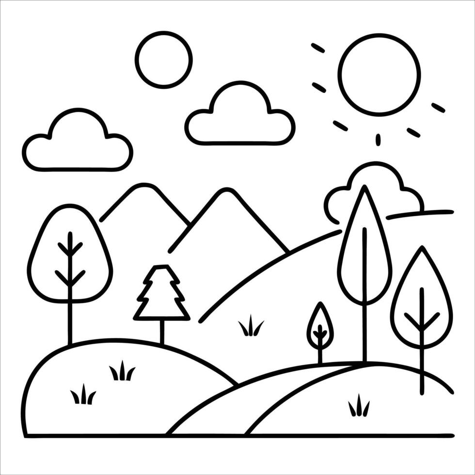 Serene nature landscape drawn in continuous line art style showcasing trees mountains and fields minimalist outdoor scene ideal for natural beauty and scenery visuals vector