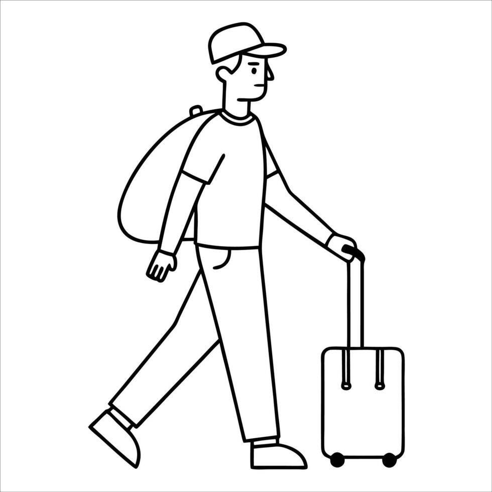 Minimalist man with luggage drawn in continuous line art style symbolizing travel journey or adventure perfect for modern travel blogs branding or art projects vector