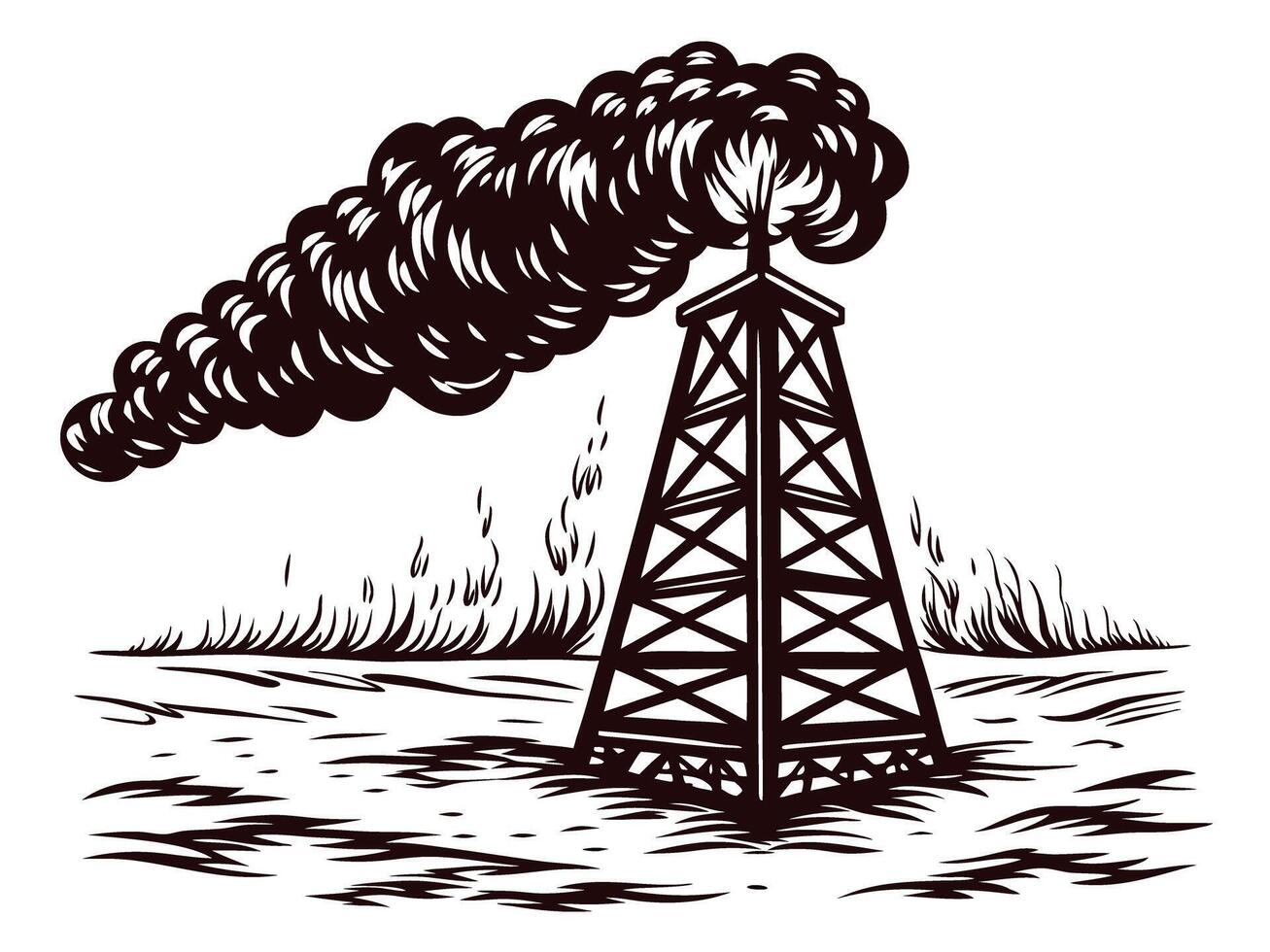 Oil rig pumping station emitting smoke with environmental impact concerns vector