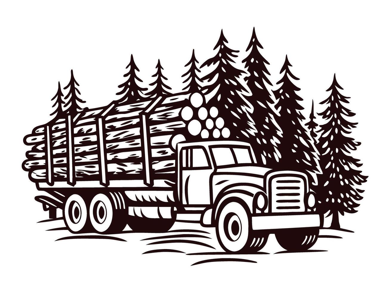 Wooden logging truck driving through dense forest with pine trees, transporting large timber logs for industrial use vector