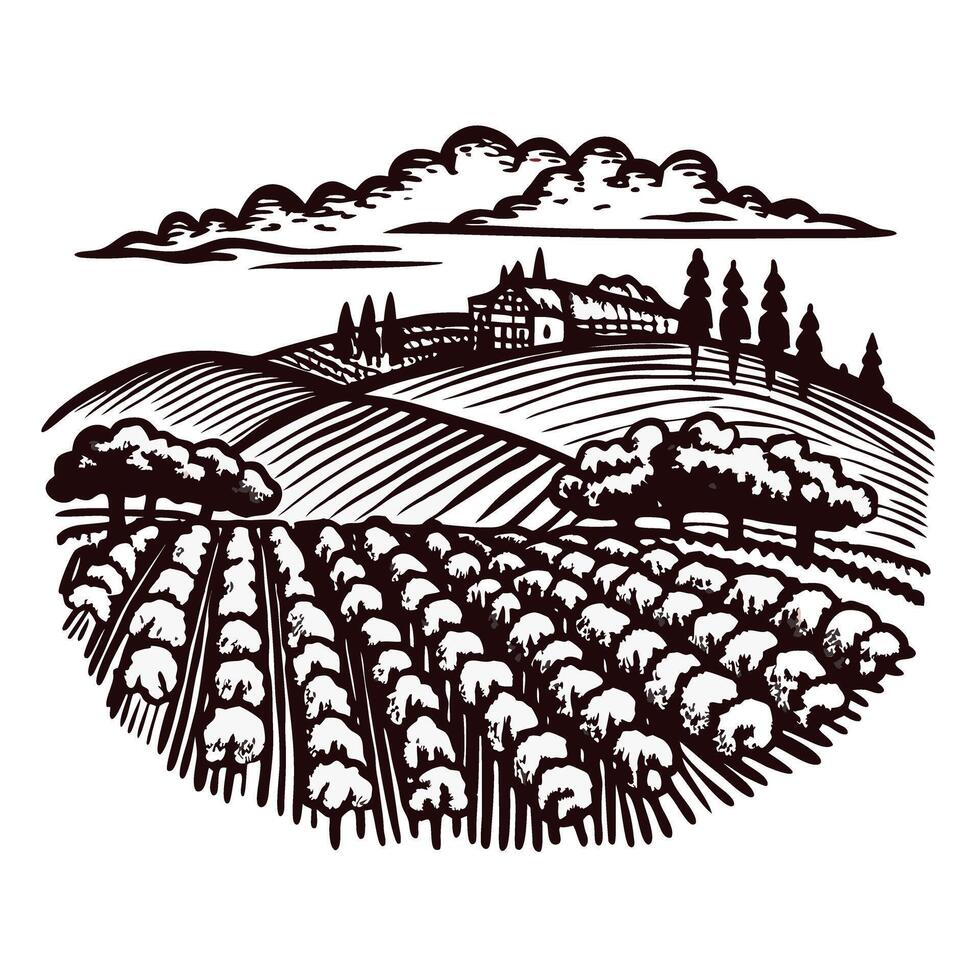 Scenic countryside landscape with rolling hills, vineyards, and farmhouse vector