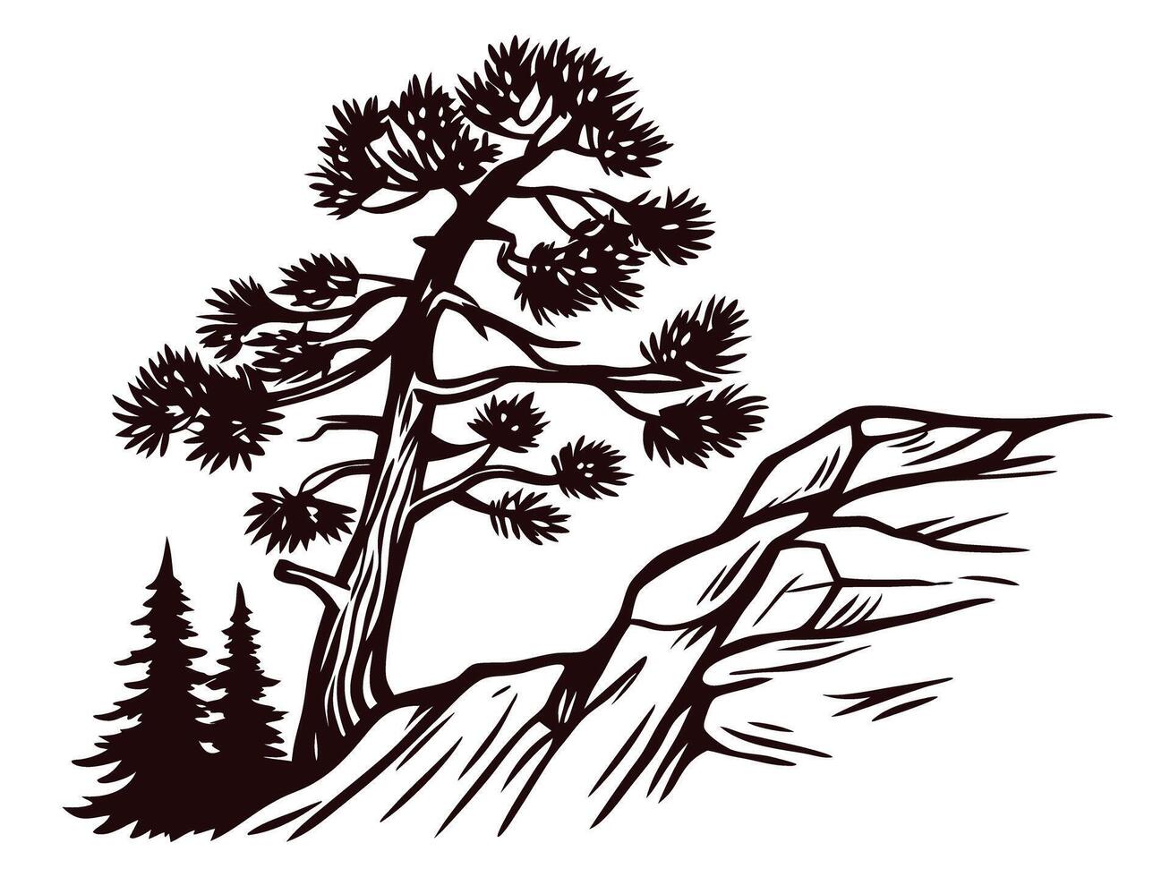 Majestic pine tree and rocky cliff silhouette in a natural landscape vector