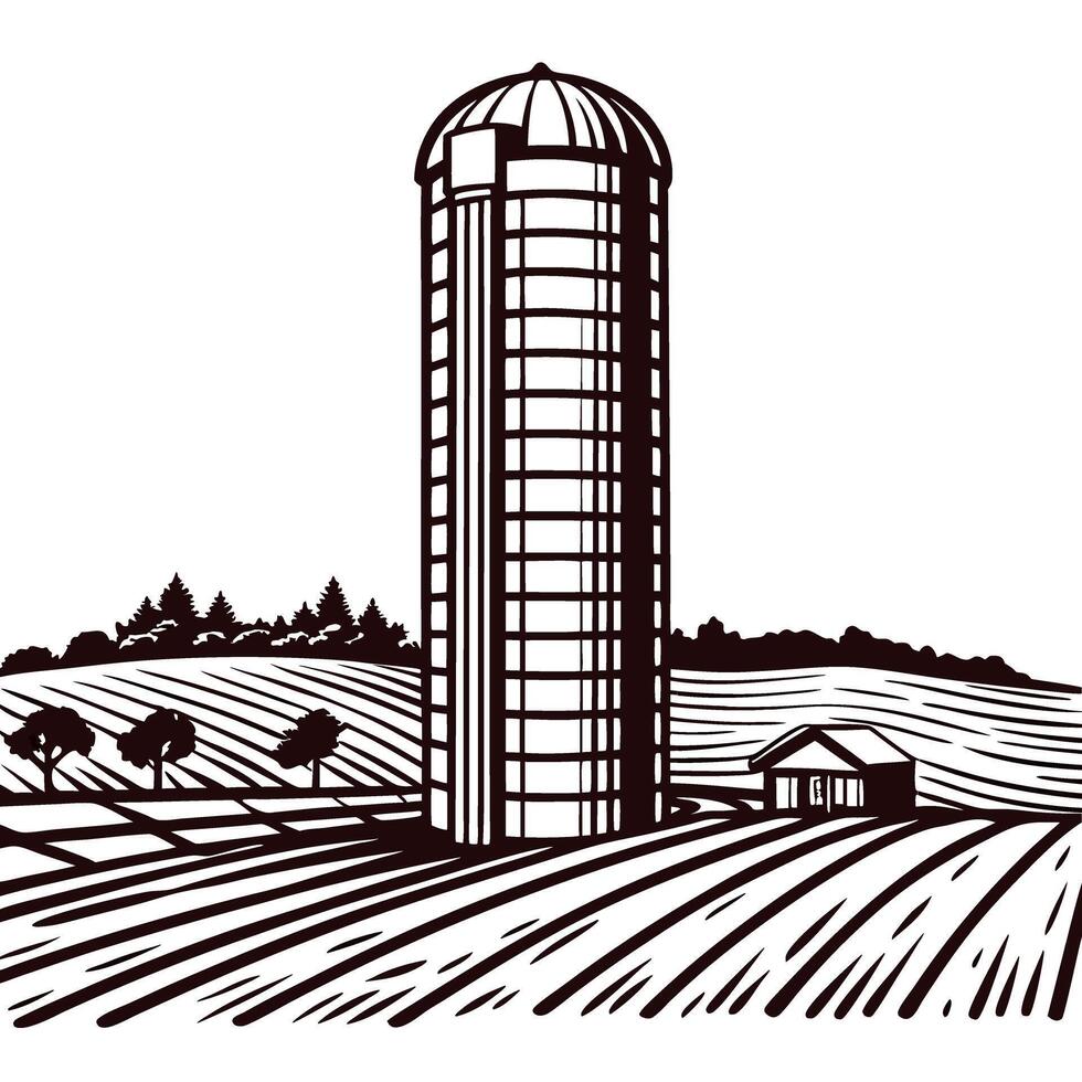 Rural farmland with silo and barn amidst rolling fields and trees vector