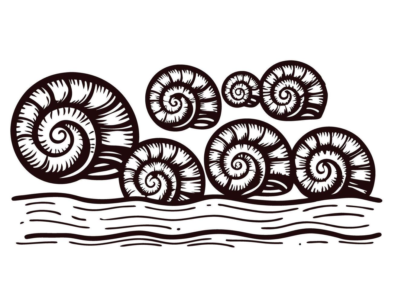 Stylized spiral shells by the ocean on a white background vector