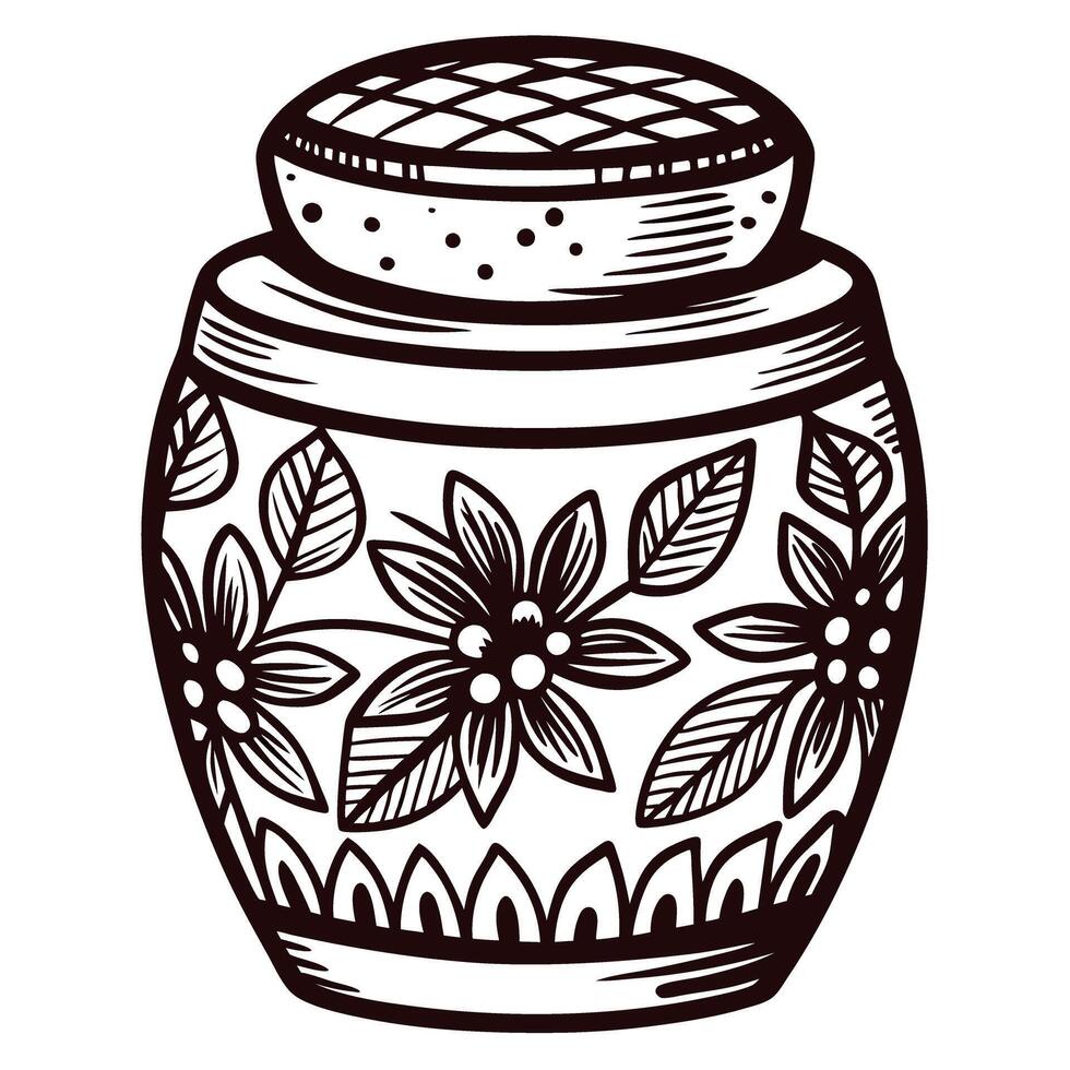 Decorative floral ceramic jar with lid and intricate design patterns vector