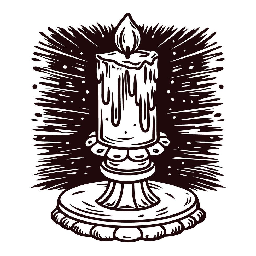 Intricate sketch of melting candle on elegant stand with radiant background vector
