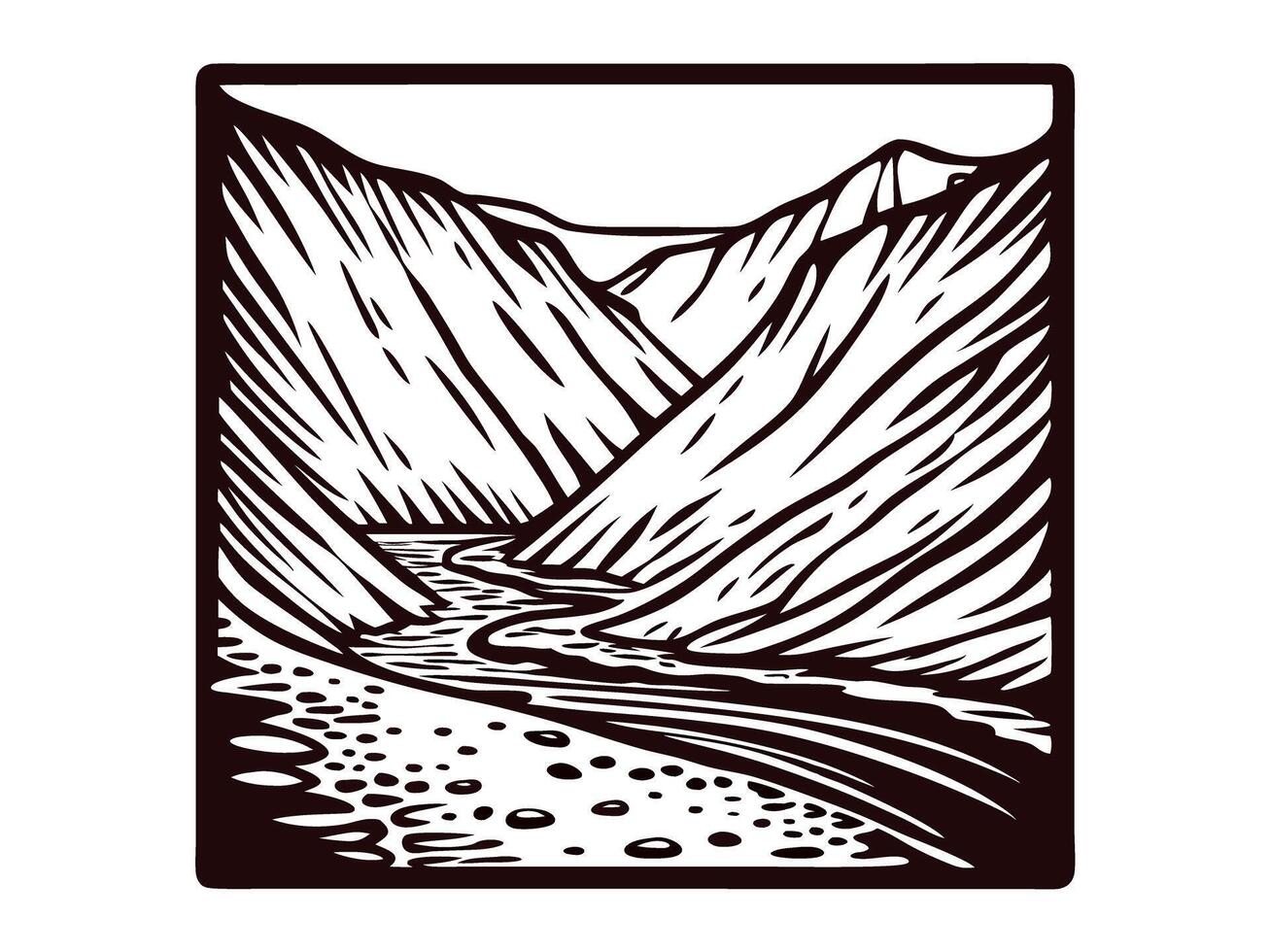 Monochrome mountain landscape with winding river and rocky terrain in graphic vector
